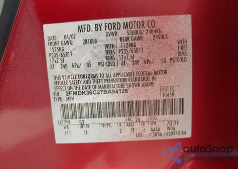 2007 Ford Edge Se from USA, damaged, VIN 2FMDK36C27BA94126
